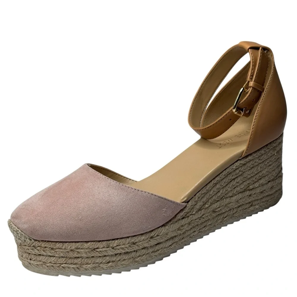 New Nine West Ariela Pink & Beige Espadrille Wedge Sandals Ankle Strap Size 10 M